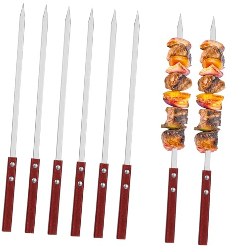 DIYEAH 6 pezzi Spiedini Barbecue Piatto in Acciaio Inossidabile con Manico in Legno Resistenti Alte Temperature per Carne e Verdure Grigliate Riutilizzabili e Facili da Pulire
