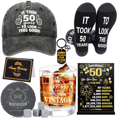 JoyAura 50th Birthday Gifts for Men Vintage Hat 1976 Beer Glass Gift Set | 50 Year Old Unique Presents with 4 ice Stones Keychain Personalised Socks for Husband Brother Friend Colleague