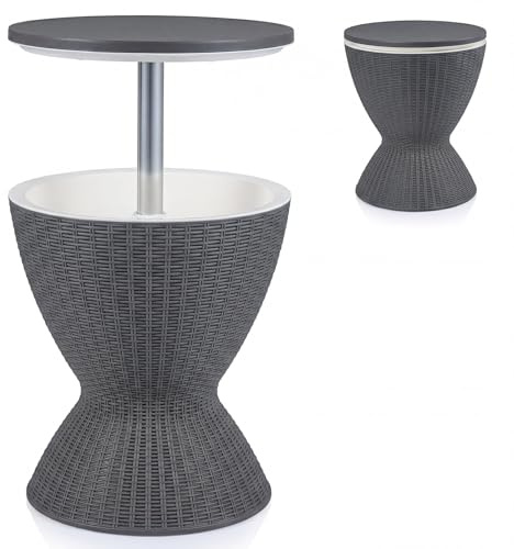 FANTASK Cool Bar, 3 in 1 Tisch mit 30L Eiskühler, Outdoor Bier und Weinkühler in Rattanoptik, Beistelltisch höhenverstellbarer, Gartentisch mit Abflussloch für Terrasse, Party, Poolbereiche (Grau)