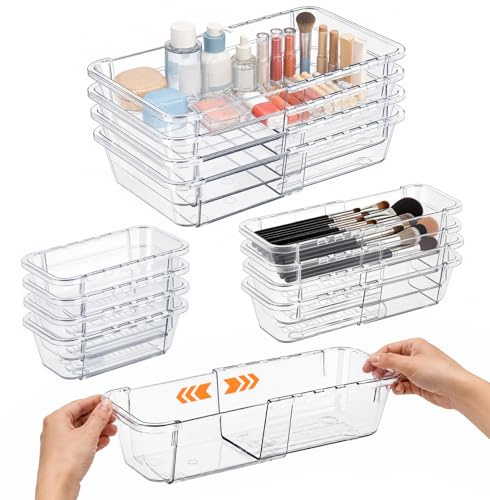 Desk Drawer Organiser,12 Pack Expandable Drawer Organizer Set, 2-Size Versatile Clear Kitchen Storage Box Trays, for Makeup, Office, Utensils, Gadgets and Bathroom, Cosmetics, Toiletries, Jewelry