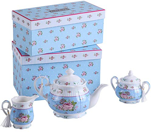 London Boutique Porzellan-Teekannenset, Teekanne, Zuckerdose und Milchkännchen, Shabby Chic, Vintage-Blumenmuster, in Geschenkbox, Blau