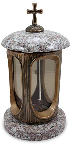 Vershy Grablaterne Bronze mit Granit Sockel Grabschmuck Stilvolle Granitlaterne Elegant Granit Weiss Höhe 28 cm/Ø 15 cm Grablampe Grablicht Grableuchte