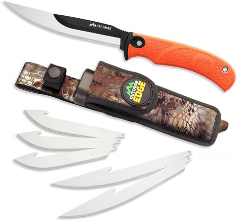 OUTDOOR EDGE RazorMax - Replaceable Fixed Blade Hunting Knife with 3.5 Drop-Point, 5 Boning/Fillet Blades, Belt Sheath and Detachable Blade Carrier (Orange, 6 Blades)