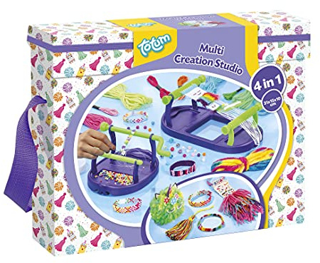 Totum 4in1 Handarbeits-Bastelset - Creativity Multi Bastel Studio zum Weben, Sticken, Häkeln oder Flechten mit bunter Wolle, verschiedenen Perlen und extra Stickerbogen