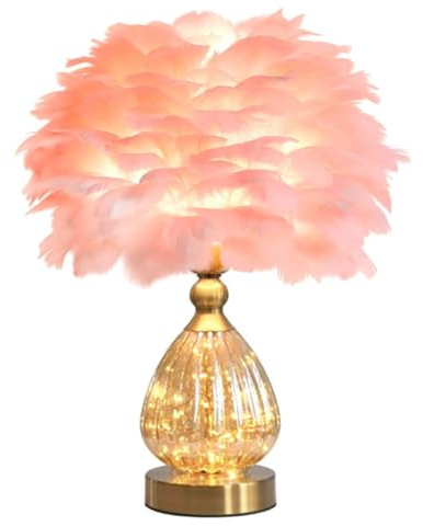 GUANSHAN Tischlampe aus Kristallfedern mit Lichterkette Romantische Tischbeleuchtung aus Federn Luxus-Nachttischlampe mit Federlampenschirm für Wohnzimmer, Schlafzimmer