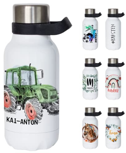 GRAZDesign Thermosflasche mit Henkel - Trinkflasche personalisiert mit Namen, auslaufsicher, BPA-frei, Edelstahl, Kohlensäure geeignet (Trecker, 550ml)