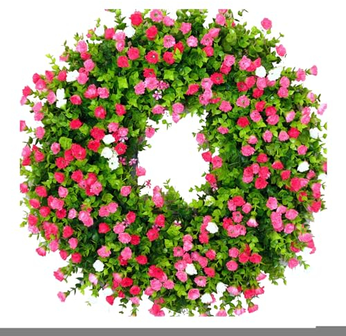 45cm Türkranz, Frühling Sommer Wildblume Kranz Dekorative Girlande für Haustür, Große künstliche Eukalyptus Kränze mit Blumen für Bauernhaus Tür Wand Wohnzimmer Flur Hochzeit Dekoration (Rosa)