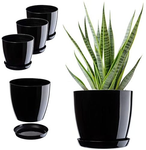 KADAX Blumentopf, Pflanzkübel-Set mit Untersetzer, Blumenkübel aus Kunststoff, runder Pflanztopf für Innenbereich, Übertopf für Blumen und Zimmerpflanzen, Kräutertopf (Set of 3 – 18cm, schwarz)