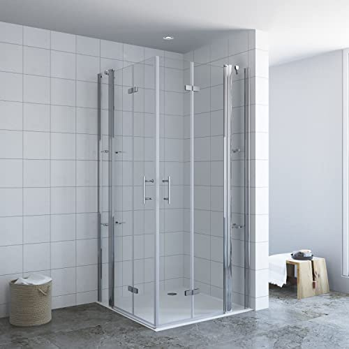 Duschkabine 140x90 cm Eckeinstieg Falttüren an Festteilen Eckdusche mit Duschtür Doppeltür Pendeltür Drehfalttür rahmenlose Eckduschwand Glas Eckablage Eckregale für Duschwanne Bodengleiche Dusche