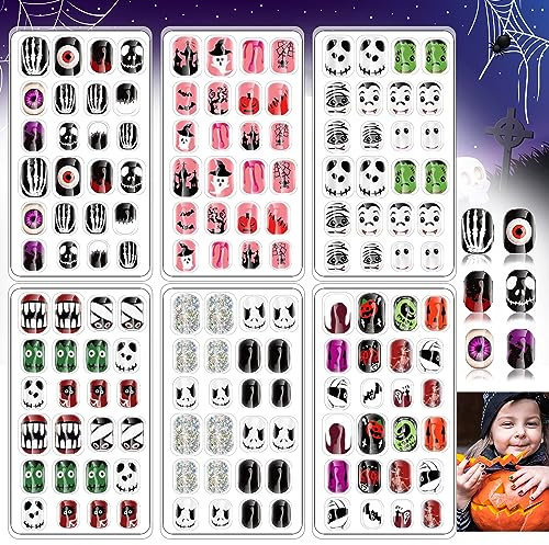 Kalolary 144 Stücke Halloween Künstliche Nägel - Kinder Kunstnägel Press on Nails Fledermaus Geist Muster Full Cover Kurze Fake Fingernagel Kit für Mädchen - DIY Dekoration