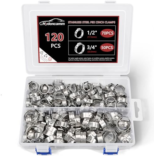 120PCS 1/2,3/4 PEX Clinch Clamps Kit, Premium 304 Stainless Steel Pex Clamps PEX Clamp Rings, Rings Pinch Clamps for PEX Tubing Pipe Fitting Connections By Hydencamm