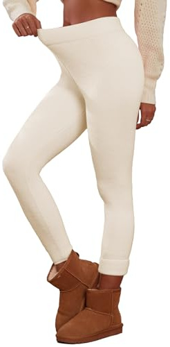 Famulily Women's Thermal Slim Fleece Lined Tights Leggings Ultra Soft Winter Thick Sweater Pants Beige XL/XXL