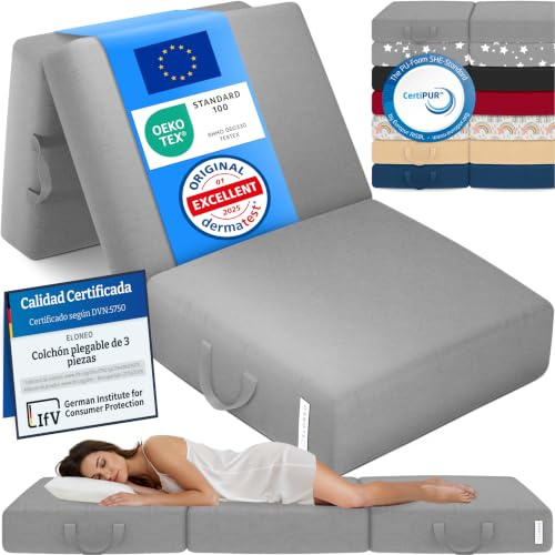 ELONEO materassino pieghevole per ospiti, materasso pieghevole a 3 parti, spugna extra spessa (15cm), lavabile, cubo a disco intervertebrale, adulti (grigio, 90 x 200 x 15 cm)