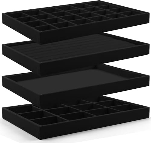 Lainrrew Jewelry Tray, 4 Pack Jewelry Organizer Velvet Jewelry Tray Stackable Jewelry Trays, Necklace & Earring Holder, Divided Bracelet & Ring Storage, 13.8x9.5x1.2 - Elegant Display Case (Black)