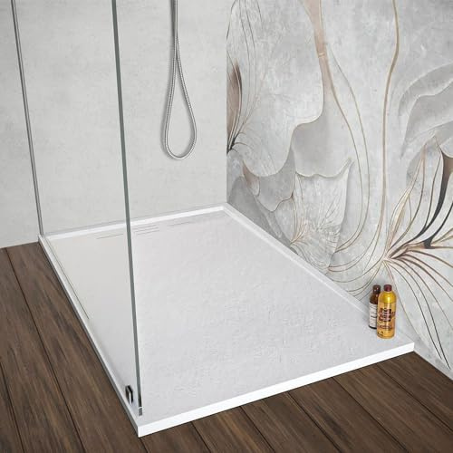 Piatto doccia 70x120 cm bianco effetto pietra in resina, spessore 3 cm e scarico con canalina, riducibile su misura ARGO
