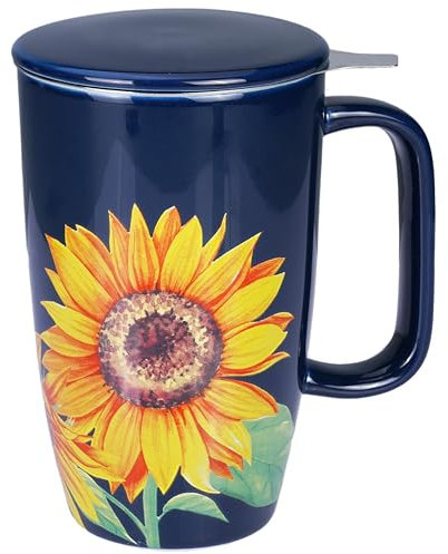 Sunddo Ceramic Tea Mug with Infuser and Lid,15 OZ Loose Leaf Tea Cup, Sunflower Coffee Mug Tea Gifts for Tea Lovers,Blue