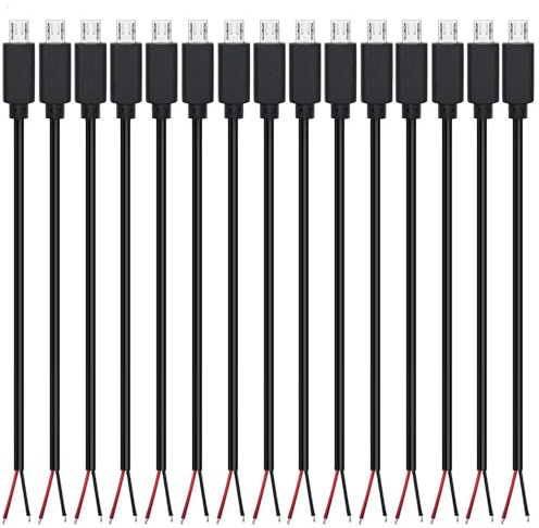 RUNCCI-YUN 15Stück 30cm 22AWG Micro USB Stecker Pigtail Stromkabel, 5V 3A Micro USB Stecker auf 2-Poligen Blanken Draht Offenes Ende, USB Pigtail Kabel-Verlängerungskabel, für LED-Leuchten, Fans