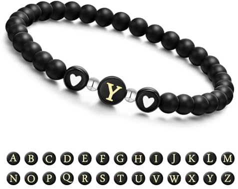 Armband Damen mit Buchstaben und Herz - Partnerarmbänder Freundschaftsarmband mit 6mm Naturstein Perlen Personalisierte Geschenke Armband Paare Mädchen bff Schwesterherz Mutter und Tochter (Schwarz-Y)