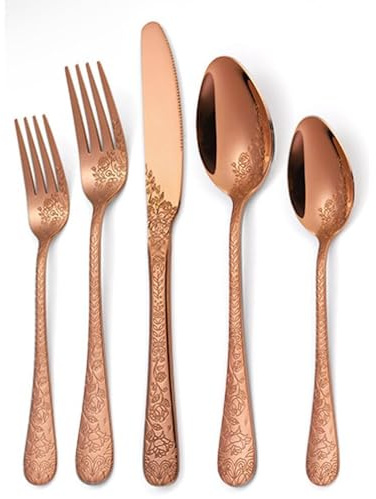 Vintage Sculpture Cuisine En Acier Inoxydable Argenterie Vaisselle Couverts Couverts Couteaux Fourchettes Cuillères Ensemble Maison Couteau À Steak Cuillère À Dessert (Or rose,5 pièces)