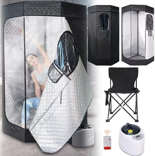 Sauna Tenda Sauna, Generatore Vapore Per Cabina Sauna 1200W Casa All'Aperto Tenda Sauna Portatile Timer E 9 Livelli Temperatura Con Sauna Vapore Pentola 3L Sedia Pieghevole Con Telecomando 180cm(H)
