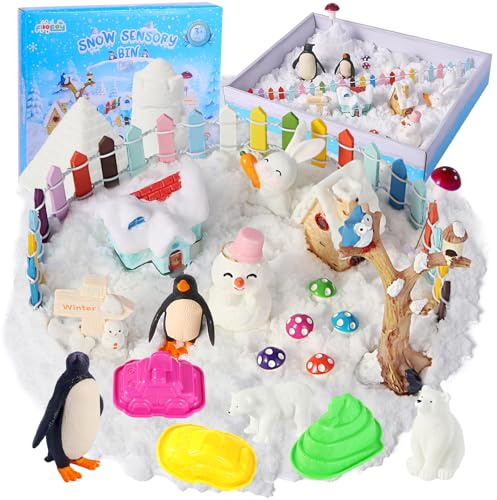 FIIOEOY Cestino sensoriale da neve, kit di sabbia da gioco per bambini con giocattoli sensoriali di sabbia, statuette di animali polari, set da gioco villaggio invernale, giocattolo da spiaggia