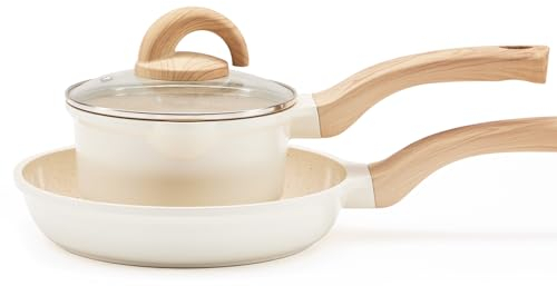 Vkoocy Juego de ollas y sartenes antiadherentes de cerámica con punto de granito, 3 piezas de cocina, cacerola, sin PTFE, sin PFAS, crema brillante