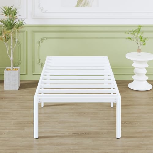 Lutown-Teen Weiß Bett 90x190 cm mit Lattenrost, Höhe 46cm Schweres Metallbett mit Runde Eckbeine, Einzelbett aus Metall Bettgestell mit Viel Stauraum unterm Bett, Geräuschfrei, Einfacher Aufbau