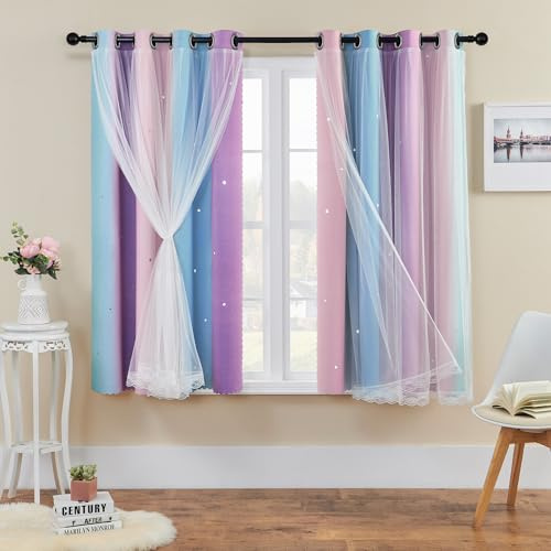 XiDi Cortinas Arco Iris para Dormitorio, Estrellas Huecadas Decoración Cortinas Azules con Aislamiento Térmico con Anillos para Niños Niñas Tratamiento Ventana