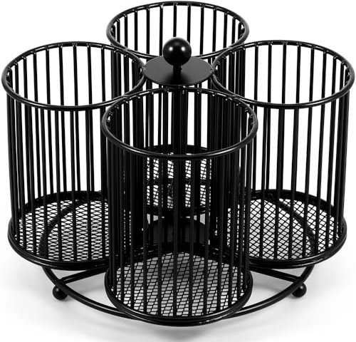 VONCYKI Besteckkorb aus Metall, um 360 Grad drehbar, Besteckhalter, 4 Fächer, Besteck-Aufbewahrungskorb für Küche, Picknick, Camping, Outdoor (Schwarz A)
