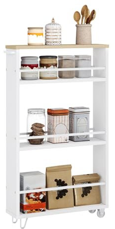 WOLTU Küchenwagen mit 3 Ebenen, Küchenregal Servierwagen Nischenregal mit Rollen, Rollwagen Rollcontainer für Küche Büro, mit Griff Bremsen, 47x80x13 cm, Helle Eiche Weiß