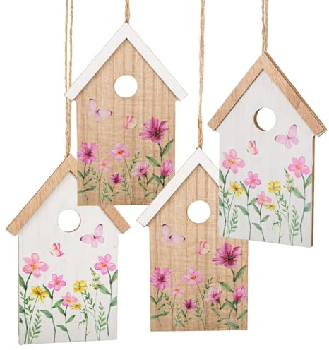 Logbuch-Verlag 4 Osteranhänger kleine Holz Häuser mit Blumen und Schnur zum Aufhängen Frühling Ostern Deko rosa weiß 10,5 x16 x 0,6 cm für den Osterstrauch