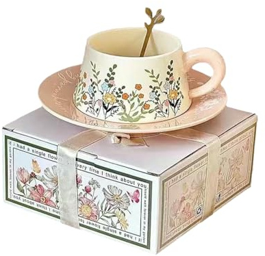 CAPIJIONG Platillo creativo de 300 ml, diseño creativo de flores amarillas, taza de cerámica para agua potable, taza de café pequeña con flores amarillas