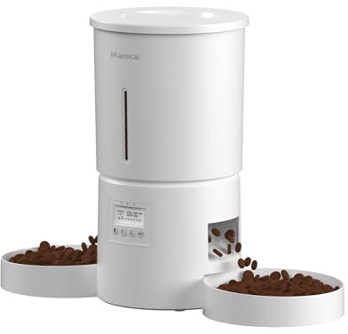 Miaosical distributore automatico cibo 2 gatti, programma flessibile, 6 pasti al giorno,12 porzioni/pasto, dosatore di cibo secco a doppia alimentazione (Bianco, 4.2L+ABS Ciotole doppie)