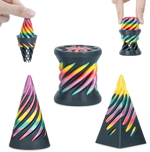 Minleway 3 Packs Impossible Spiral Cone Fidget Toys,3D Printed Pyramid Passthrough Sculpture,Mini Sensory Toy for Stress Relief Anxiety,Desktop Decor Gifts for Adults & Kids (Rainbow Black)