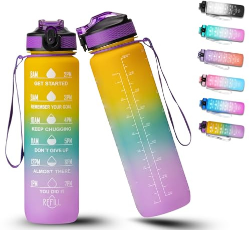 BierEx Trinkflasche 1L, Wasserflasche mit Strohhalm, Sport water bottle mit Zeitmarkierung für Fitness, Schule, Yoga, Outdoor (Hellgrün Lila)