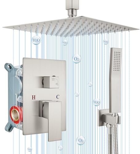 Doccia Soffione da 12 Pollici Soffitto Nichel Spazzolato SUS304 Soffione Doccia Ultrasottile con valvola di Montaggio a soffitto Manuale Set Miscelatore per Doccia in otton