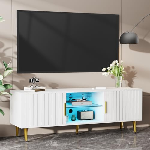 140cm TV Stand Cabinet with Ambient Light, Wooden TV Cabinet Media Entertainment Center with 2 Doors, Glass Shelves and 7 Colors LED Light, Living Room Console Table for 35 to 55inch TVs White