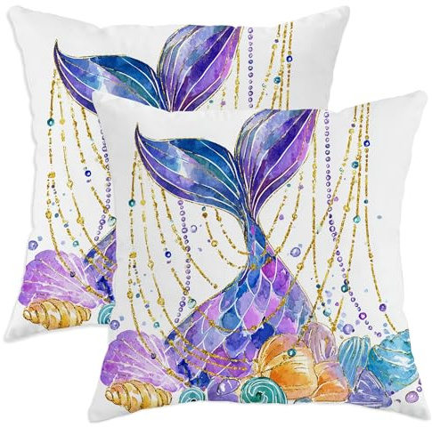 Juego de 2 fundas de cojín decorativas con forma de cola de sirena, diseño de concha de mar violeta para verano, playa, hogar, sofá, cama, 24 x 24 pulgadas