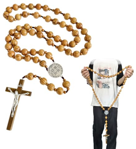 Bovemee Handmade Wooden Wall Cross with San Benito Medal, 42 Inch Large Crucifix, Big Brown Wood Rosary Beads Catholic Wall Decor Catholic Gifts