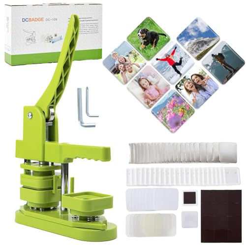 Photo Magnet Making Machine, Button Press Machine for 2 Inches / 50mm Square Fridge Magnetic Stickers, 100 Sets of Button Maker Supplies, Badge Maker Kit for Home School DIY Crafts, Business, Green
