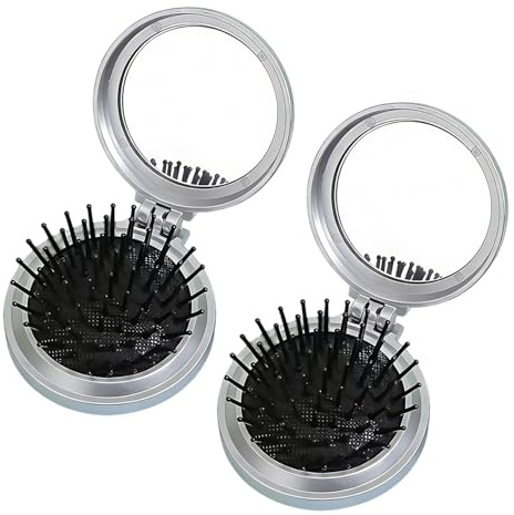 Xynovate 2 Cepillo Pelo Plegable con Espejo, Cepillo de Viaje con Espejo | Cepillo de Bolsillo, Perfecto para Llevar en tu Bolso y Aplicar Maquillaje, Apto para Todo Tipo de Cabello,Plateado