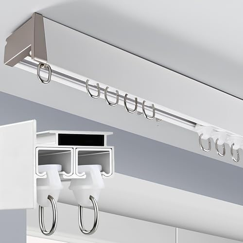Tringle à rideaux double voie avec rouleaux silencieux, système de rideaux en aluminium pour balcon et balcon, blanc, 2 m (2 x 1 m) – Solution polyvalente et élégante