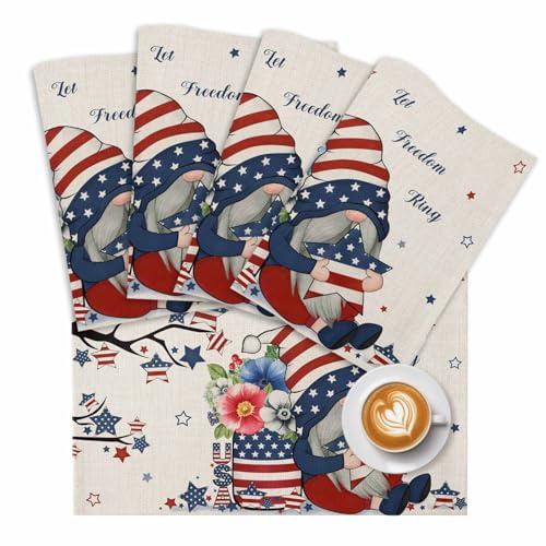 Independence Day Dwarfs Placemats Set of 6,Wipeable Washable Table Mats for Dining Tables, Opium Poppy on Retro Linen Place Mats for Kitchen Event Party Tabletop Decor