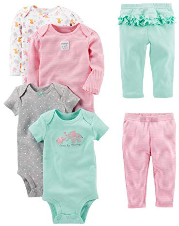 Simple Joys by Carter's Baby Girls' 6-Piece Bodysuits (Short and Long Sleeve) and Pants Set, Aqua Green Elephant/Grey Dots/Pink Stripe/White Forest Animals, 3-6 Months