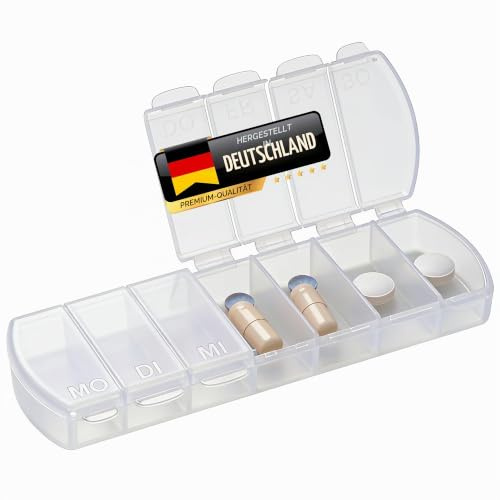 MAXBOX Pillendose für 7 Tage, Tablettendose, Pillenbox mit getrennten Fächern, Medikamentenbox (transparent)