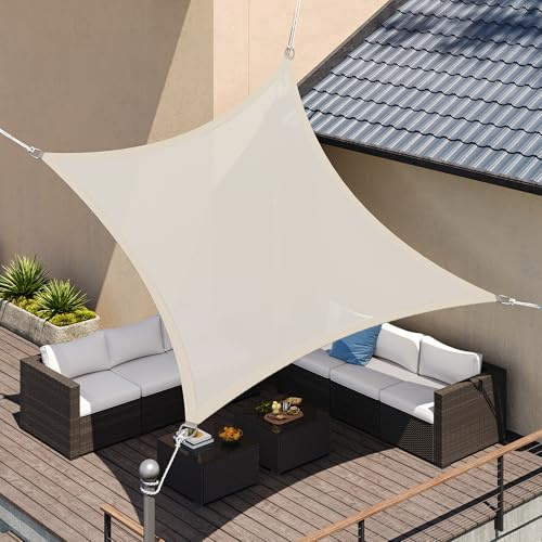 SONGMICS Vela de Sombra de 3 x 3 m, Tejido HDPE de Protección Solar, Transpirable, Permeable al Agua, Terraza, Jardín, Balcón, Camping, Cuadrada, Cóncava, Cuerdas de 2 m, Beige GSS33IV