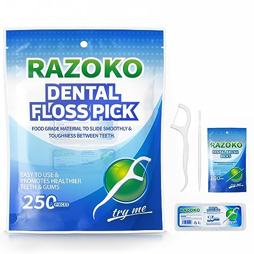 RAZOKO Dental Floss Picks High Toughness Toothpicks Sticks 250pcs with Portable Cases and 100pcs BrushPicks Interdental Toothpicks Perfect for Travel & Family Oral Hygiene