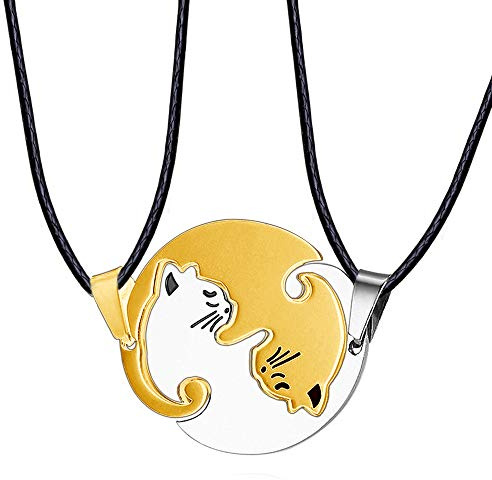 Limok Coppia di collane in acciaio inox con puzzle a forma di gatto, catena dell'amicizia per lei e per lui, 2 coppie di innamorati, per uomo e donna e Acciaio inossidabile