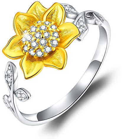 Esberry 18K Gold Plating 925 Sterling Silver Sunflower Open Ring 3D Flower Shape Adjustable Ring Jewelry for Women and Girls (Yellow Gold)