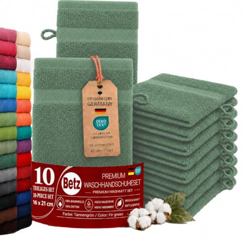 Betz Waschhandschuhe Premium 10 Stück 16x21 cm – 100% Baumwolle 470g/m² – Weiche Frottee Waschlappen – Pflegeleicht & saugstark - Farbe tannengrün
